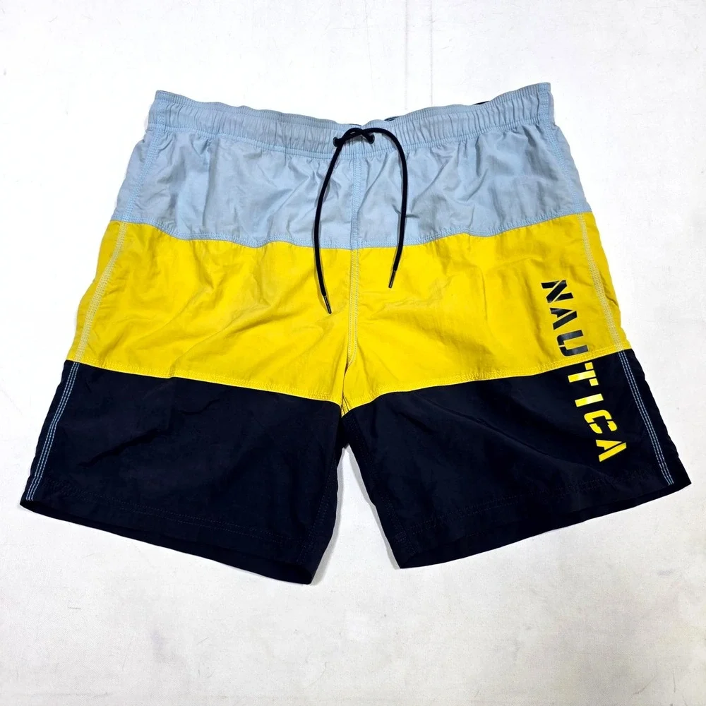 Nautica Swim Trunks Mens XL Blue Yellow Black Colorblock Logo Board Shorts